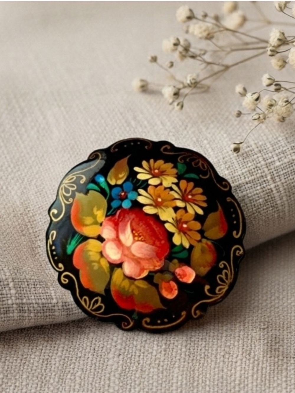 Vintage Signed Russian Lacquer Floral Brooch - Artist Vasilieva